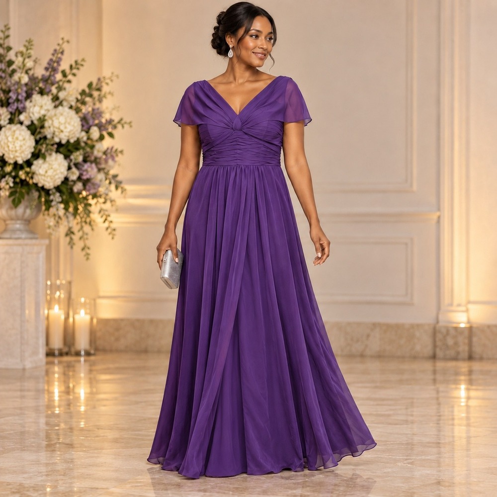 M 194 Adrianna Papell Occasions Purple Ruched Chiffon Evening Formal Maxi Gown